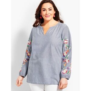 Talbots Floral Embroidered Striped Popover Shirt Sz 2XP‎ Cotton Colorful Cottage